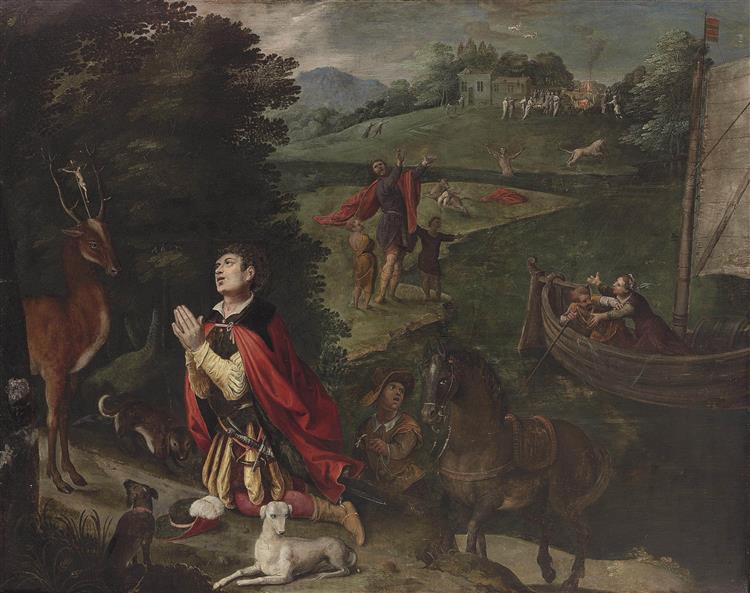The Vision of Saint Eustace, Other Scenes with Tests of His Faith Beyond, 1601 - Мартин де Вос