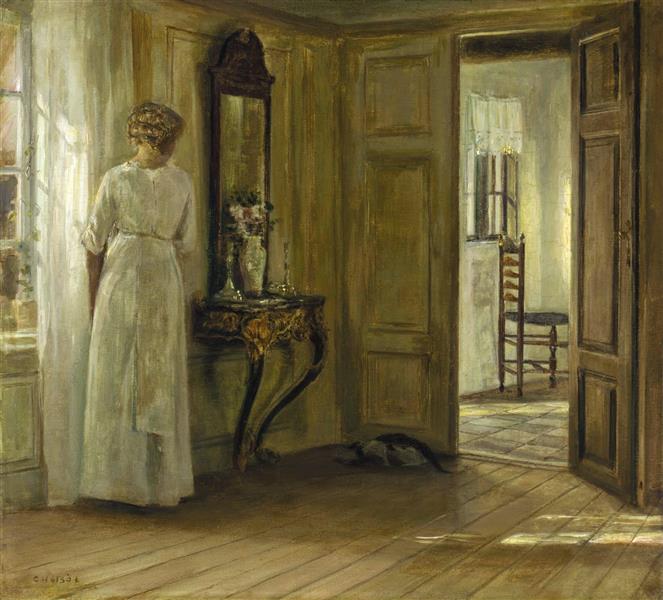 Interior with a Lady and a Cat - Carl Holsøe