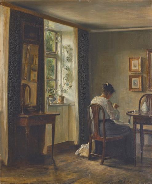 Seamstress Sewing in an Interior - Carl Holsøe