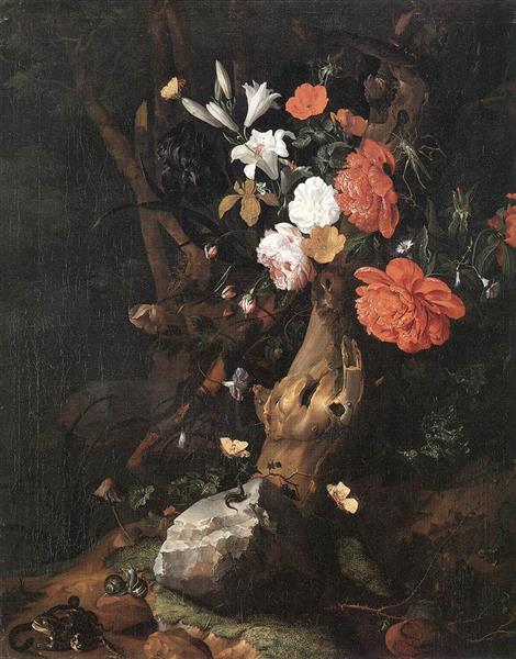Flowers Around a Tree Trunk, with Insects and Other Animals near a Pond, 1686 - Рахел Рюйш