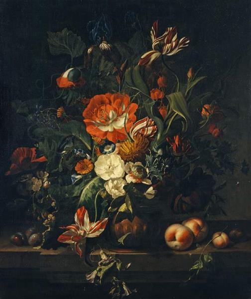 Flowers in a Terracotta Vase with Fruit on a Stone Balustrade, 1700 - Рахел Рюйш