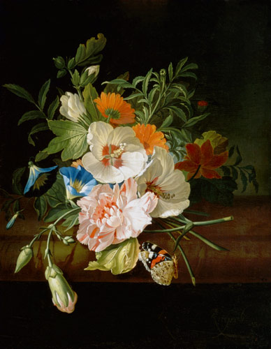 Posy of Flowers, with a Red Admiral Butterfly, on a Marble Ledge, 1695 - Рашель Рюйш