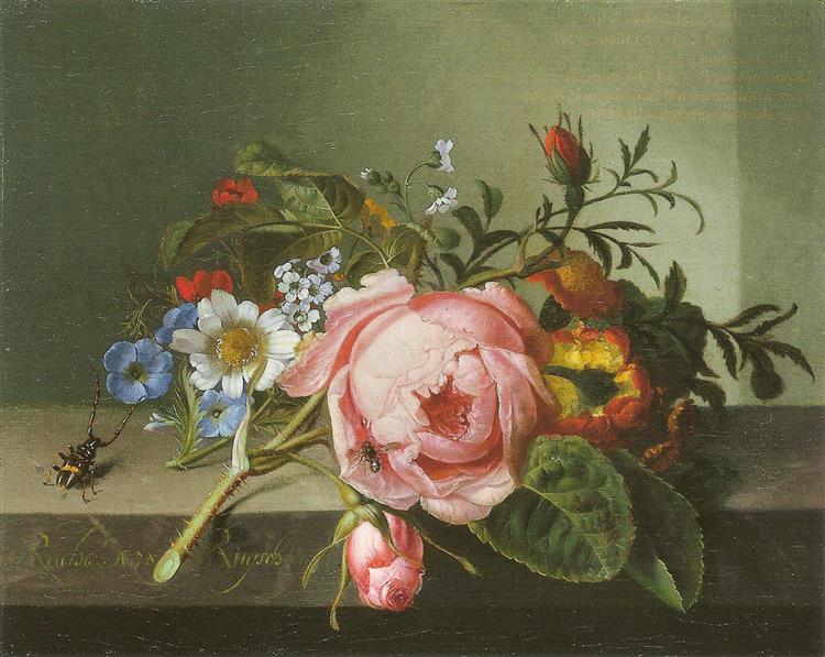 Spray of Flowers, with a Beetle on a Stone Balustrade, 1741 - Рашель Рюйш