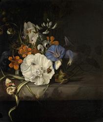 Spray of Flowers with Insects and Butterflies on a Marble Slab - Rachel Ruysch