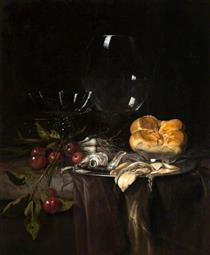 Still Life. Herring, Cherries and Glassware - Willem van Aelst