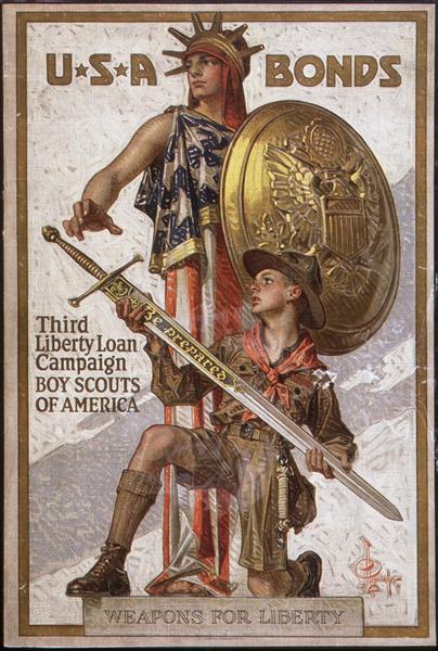 "Weapons for Liberty. USA Bonds. Third Liberty Loan Campaign. Boy Scouts of America. Be Prepared.", 1918 - J. C. Leyendecker
