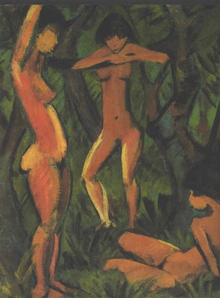 Tree Female Nudes in the Forest - Отто Мюллер