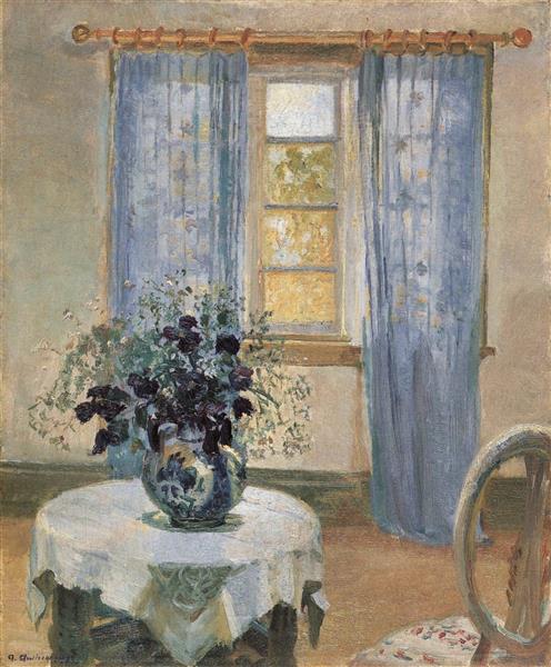 Living Room with Lilac Curtins and Blue Clematis, 1913 - Anna Ancher
