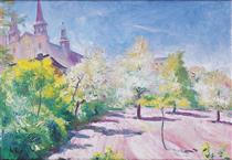 Spring Orchard with a Church - Wojciech Weiss