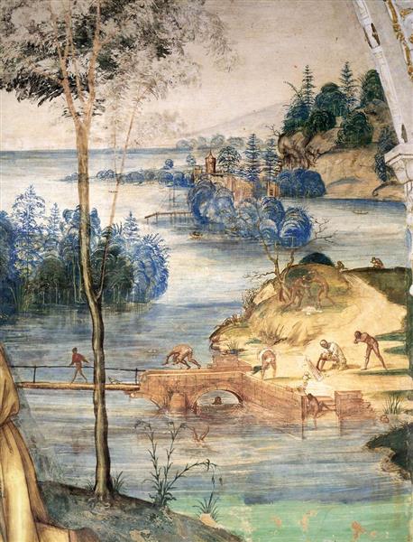 Life of St Benedict, Scene 15. Benedict Fishes the Pieces of a Broken Ax (detail), 1505 - 1508 - Giovanni Antonio Bazzi