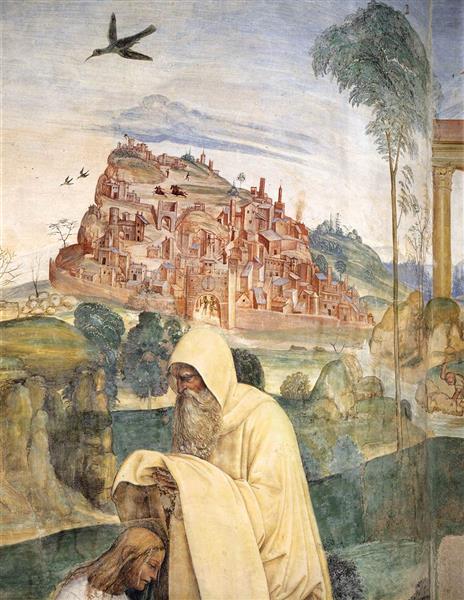 Life of St Benedict, Scene 4.The Monk Romanus Dresses Benedict (detail), 1505 - 1508 - Giovanni Antonio Bazzi