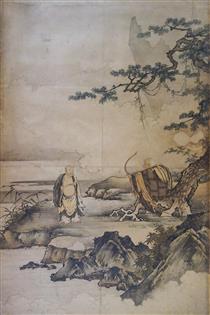 Painting on Zen Enlightenment (Sanping baring his chest and Shigong stretching his bow) - Kanō Motonobu