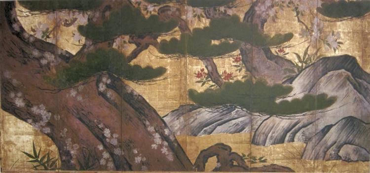 Old Pine and Cherry Trees by Rocks, c.1590 - 狩野永德