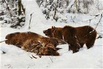 Norwegian Winter Landscape with an Elk and a Brown Bear - Рихард Фризе