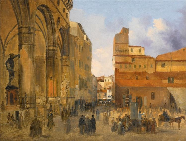 Florence, a View of the Piazza Della Signoria with the Loggia Dei Lanzi at Left - Ippolito Caffi