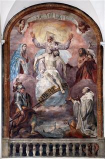trinità con maria, giovanni battista e i santi protettori di genova giorgio e bernardo - Domenico Fiasella