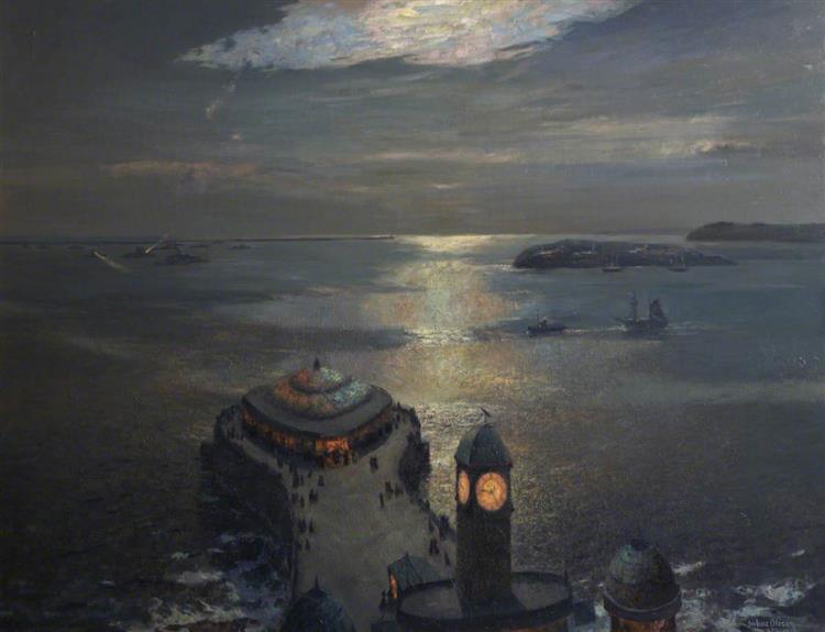 Plymouth Sound by Moonlight and Searchlight - Albert Julius Olsson