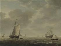 A Dutch Man of War and Various Vessels in a Breeze - Simon de Vlieger