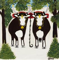 Two Oxen in Winter with Three Legs - Maud Lewis