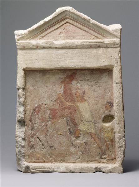Painted Limestone Funerary Slab with a Man Controlling a Rearing Horse, c.275 BC - Ancient Greek Painting and Sculpture