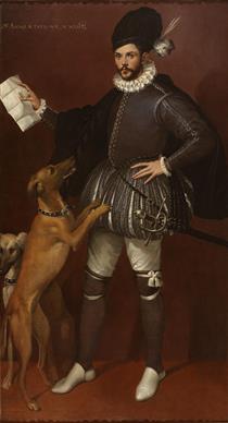 Portrait of a Cavalier with his Hunting Dogs - Bartolomeo Passarotti
