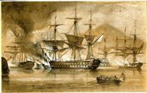 The Scipion on Entering the Harbour Ran Aboard the Brelots - George Philip Reinagle