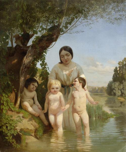 Mother with three children by a river - Ludwig Knaus