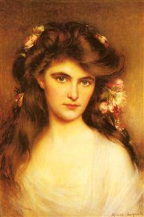 A Young Beauty With Flowers In Her Hair - Альберт Линч