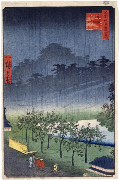 119. View of the Paulownia Imperiales Trees at Akasaka on a Rainy Evening, 1857 - Utagawa Hiroshige