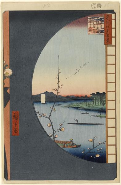 36. View From Massaki of Suijin Shrine, Uchigawa Inlet, and Sekiya, 1857 - Утаґава Хіросіґе
