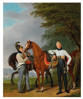 Major of Austria’s second Dragoon regiment Valentin Josef von Veigel standing next to his horse and batman, 1808 - Joseph Kreutzinger
