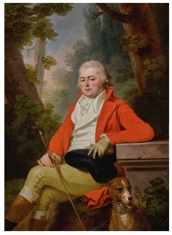 PORTRAIT OF PRINCE ALEXEI GOLITSYN WITH HIS DOG, SEATED IN A WOODED LANDSCAPE - Joseph Kreutzinger