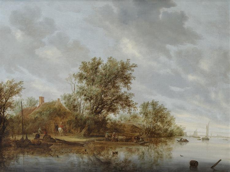 River Landscape with Ferry, 1644 - Саломон ван Рёйсдал