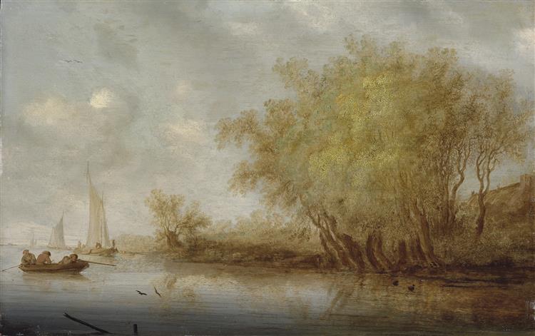 A River Landscape with Sportsmen Shooting Duck from a Boat - Salomon van Ruysdael