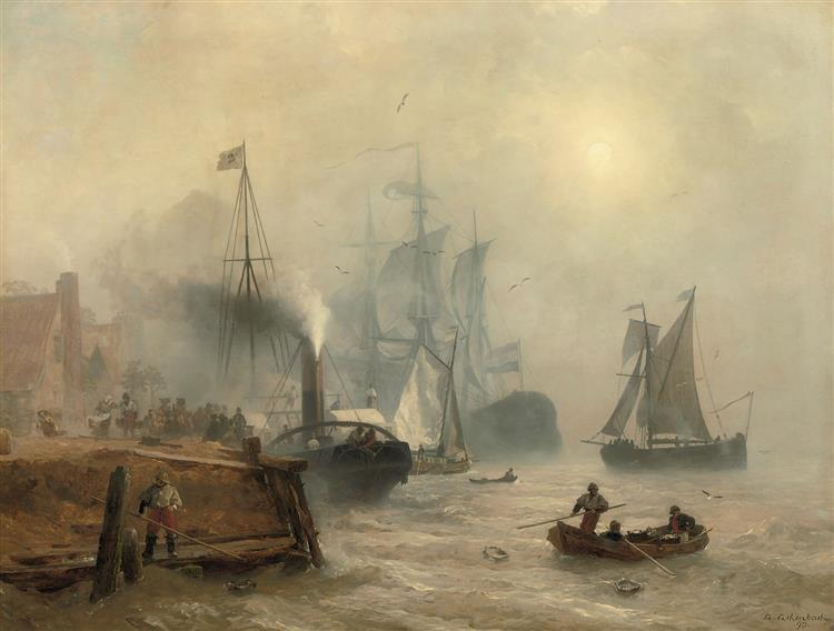 A Moored Steamer at a Busy Quay, 1890 - Andreas Achenbach