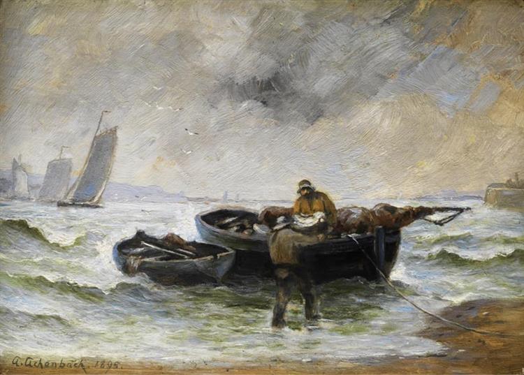 Two fishermen unloading a boat with furled sails, 1895 - Andreas Achenbach