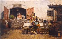 Musketeers sitting outside a canteen - Joaquin Agrasot y Juan