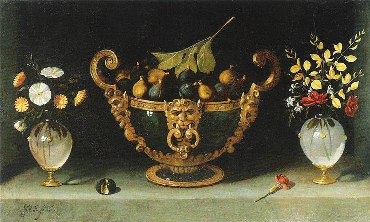 Große Fruchtschale Mit Feigen Und Blumenvasen - Juan van der Hamen