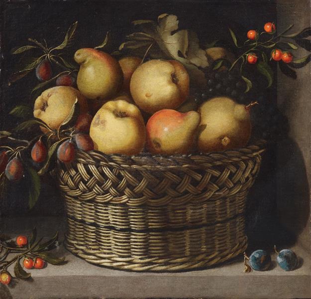 Appelen, Kweeperen, Pruimen En Kersen in Een Korf - Juan van der Hamen