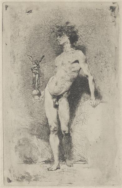 Male nude with victory symbol in his hand - Мариано Фортуни