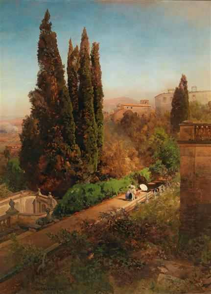View Of The Gardens Of Villa D'este In Tivoli, near Rome, 1881 - Oswald Achenbach