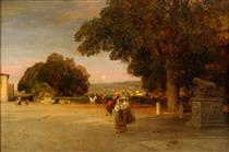 Hustle and bustle in the Palazzo Park - Oswald Achenbach