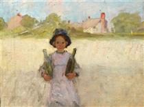Study of a Child Carrying Bottles in a Landscape - Уолтер Осборн