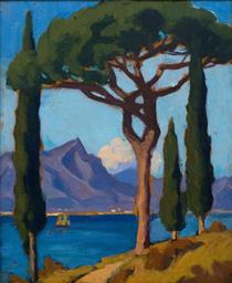 Lake Scene with Trees and Mountains - Maggie Laubser