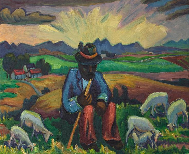 Shepherd Seated with His Flock - Maggie Laubser