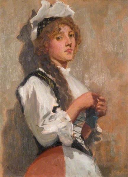 A Girl in Costume Knitting, 1893 - Ralph Hedley