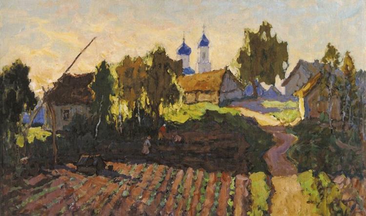 Village Landscape with Field and Church - Constantin Gorbatov