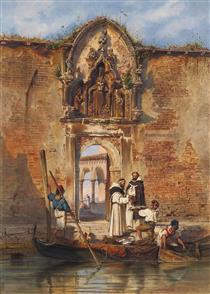 Monks Buying Fish before the Portal of the Madonna della Misericordia - Ludwig Passini