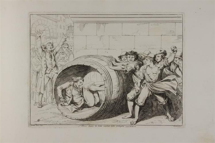 The Obrero inside the barrel rolled by the mob (Plate ??/52), 1822 - 1823 - Bartolomeo Pinelli