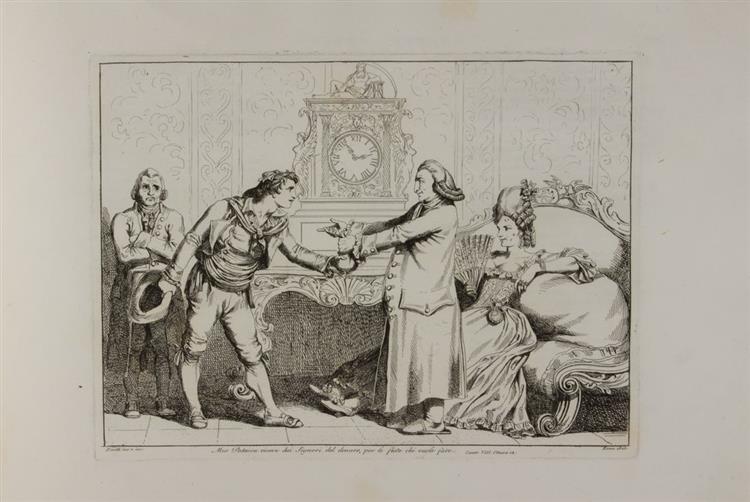 Meo Patacca receives money from the gentlemen for the the parties he wants to do (Plate ??/52), 1823 - Bartolomeo Pinelli